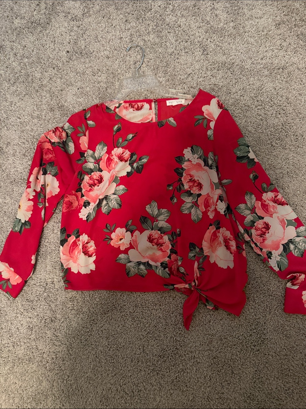 Socialite Red Floral Tie-Hem Long Sleeve Blouse